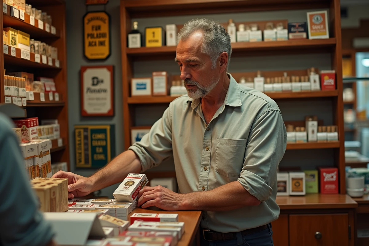 Homme achetant une cartouche de cigarettes dans un bureau de tabac espagnol traditionnel