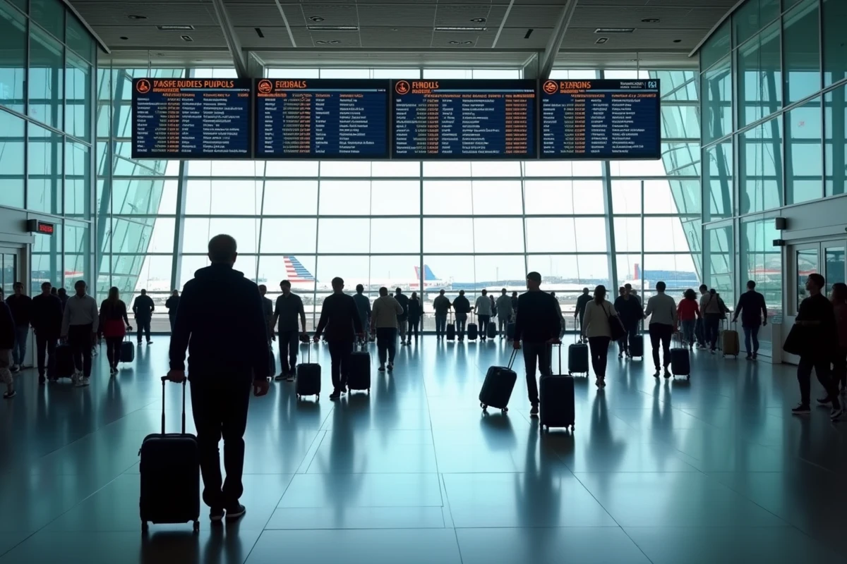 Hall de départ d'un aéroport international animé avec des voyageurs du monde entier, symbolisant les flux touristiques mondiaux et les grandes destinations de voyage