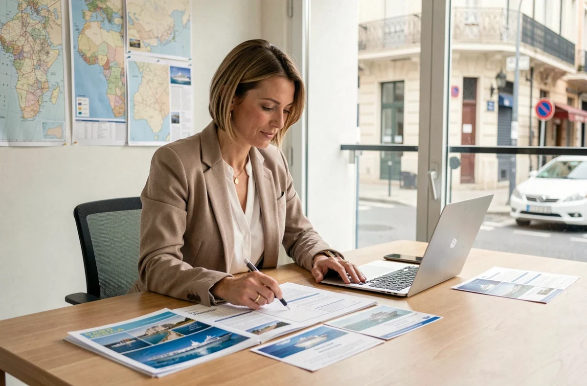 Conseillère en voyages présentant des itinéraires de croisière au départ de Marseille dans une agence moderne