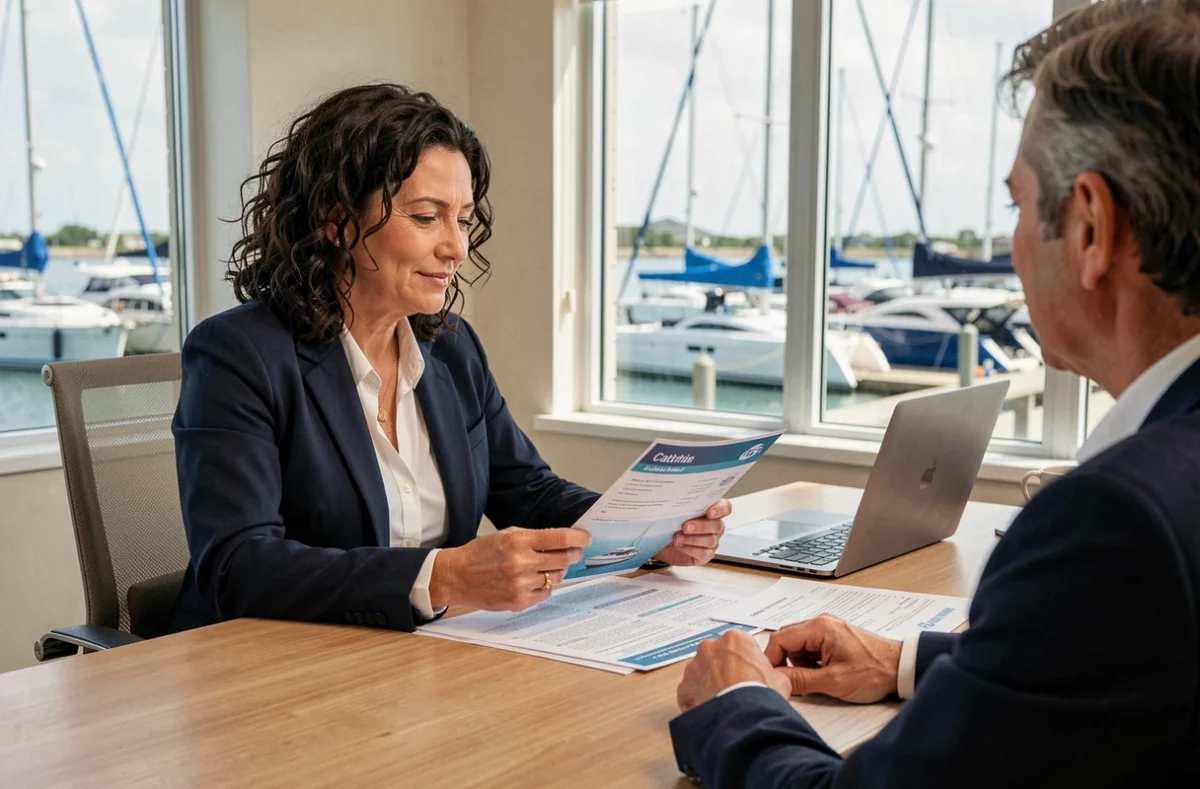 Agent de voyage conseillant un client pour une réservation de croisière en catamaran dans une agence maritime