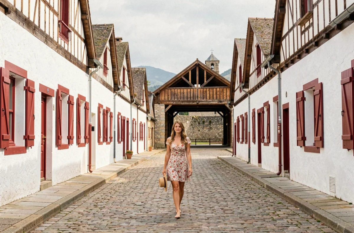 La rue principale de la bastide d'Ainhoa aux Pyrénées-Atlantiques avec ses maisons basques blanches aux volets rouges