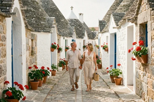 Couple de touristes français se promenant dans une ruelle de trulli à Alberobello dans les Pouilles en Italie