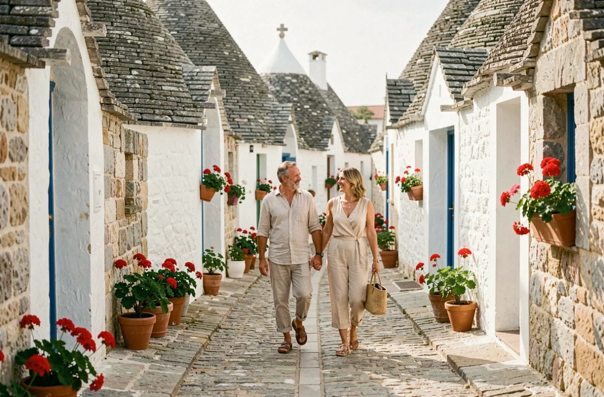 Couple de touristes français se promenant dans une ruelle de trulli à Alberobello dans les Pouilles en Italie