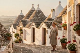 Ruelle pavée d'Alberobello avec ses célèbres trulli aux toits coniques en pierre et leurs murs blanchis à la chaux, Pouilles, Italie