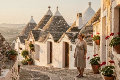 Ruelle pavée d'Alberobello avec ses célèbres trulli aux toits coniques en pierre et leurs murs blanchis à la chaux, Pouilles, Italie