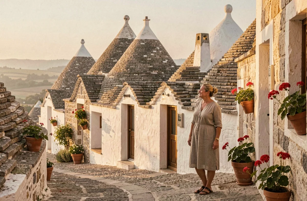 Ruelle pavée d'Alberobello avec ses célèbres trulli aux toits coniques en pierre et leurs murs blanchis à la chaux, Pouilles, Italie