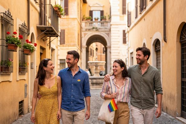 Groupe d'amis LGBTQ+ se promenant joyeusement dans une ruelle pavée de Rome avec des accessoires arc-en-ciel discrets