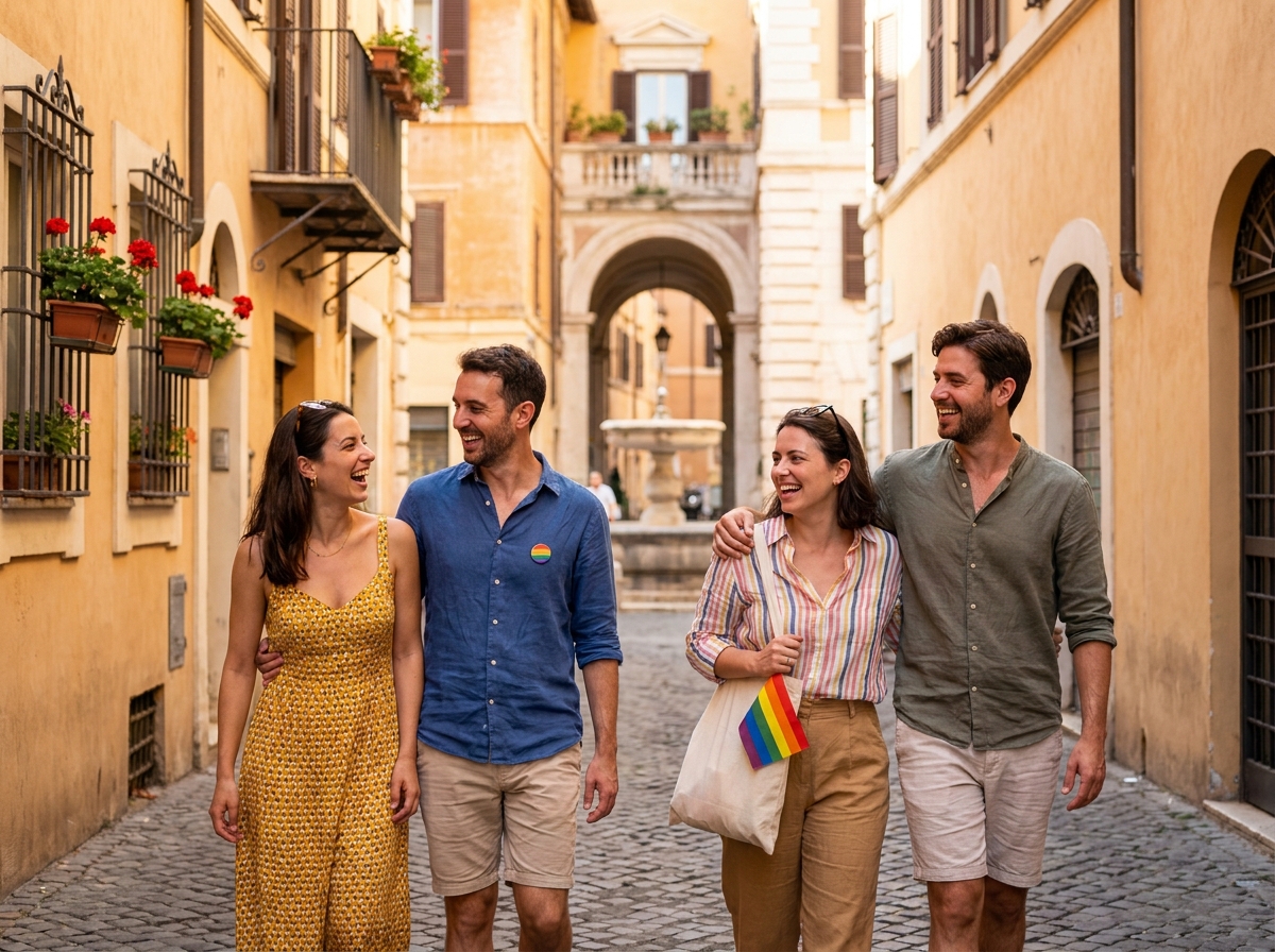 Groupe d'amis LGBTQ+ se promenant joyeusement dans une ruelle pavée de Rome avec des accessoires arc-en-ciel discrets