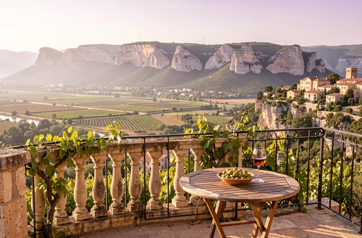 Terrasse d'Amour Provence à Séguret avec vue sur les Dentelles de Montmirail et les vignobles de la vallée du Rhône