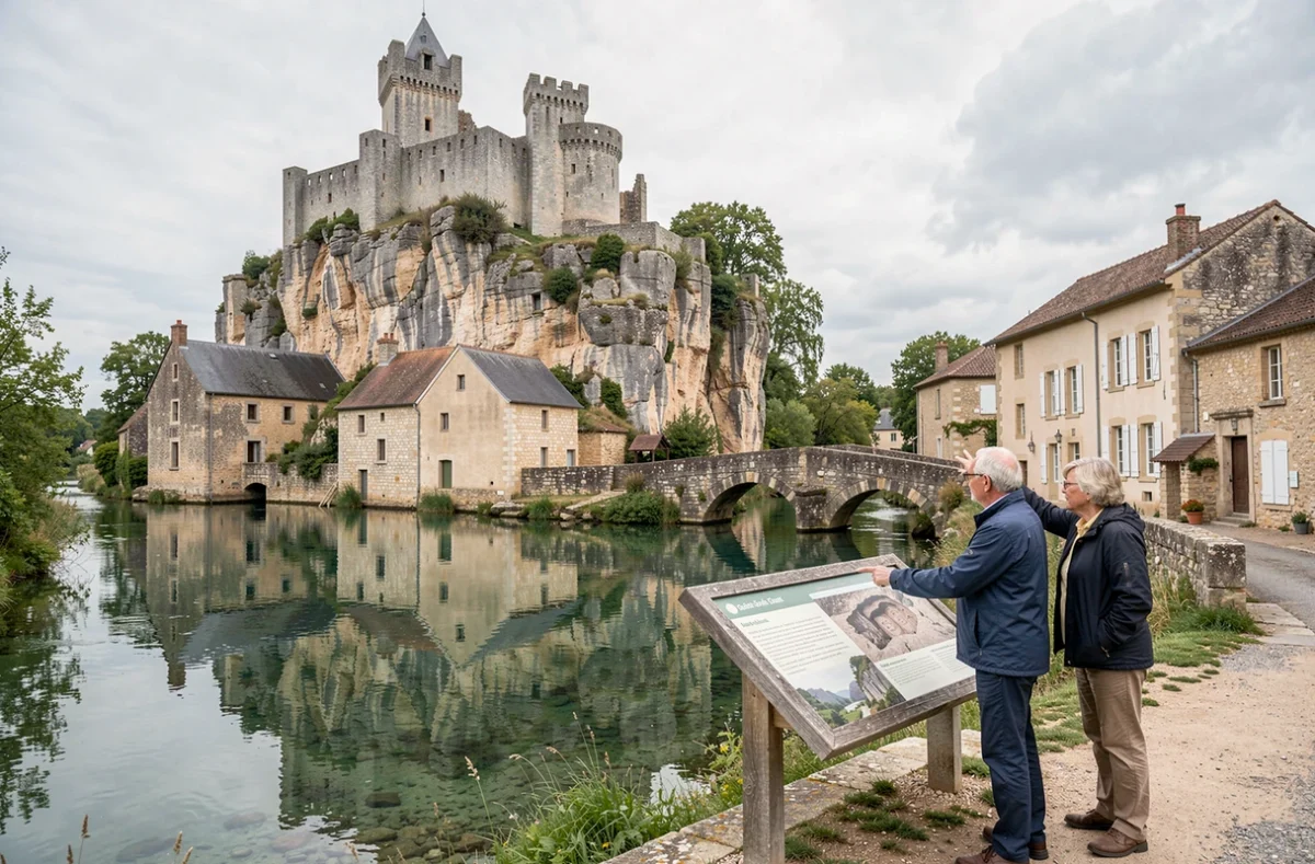 Les ruines du château médiéval d'Angles-sur-l'Anglin surplombant la rivière Anglin et ses moulins en Vienne