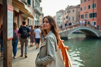 Touriste devant un arrêt de vaporetto à Venise consultant les horaires affichés sur le Grand Canal