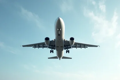 Avion de ligne en vol au-dessus de la France vu depuis le sol avec traînées de condensation