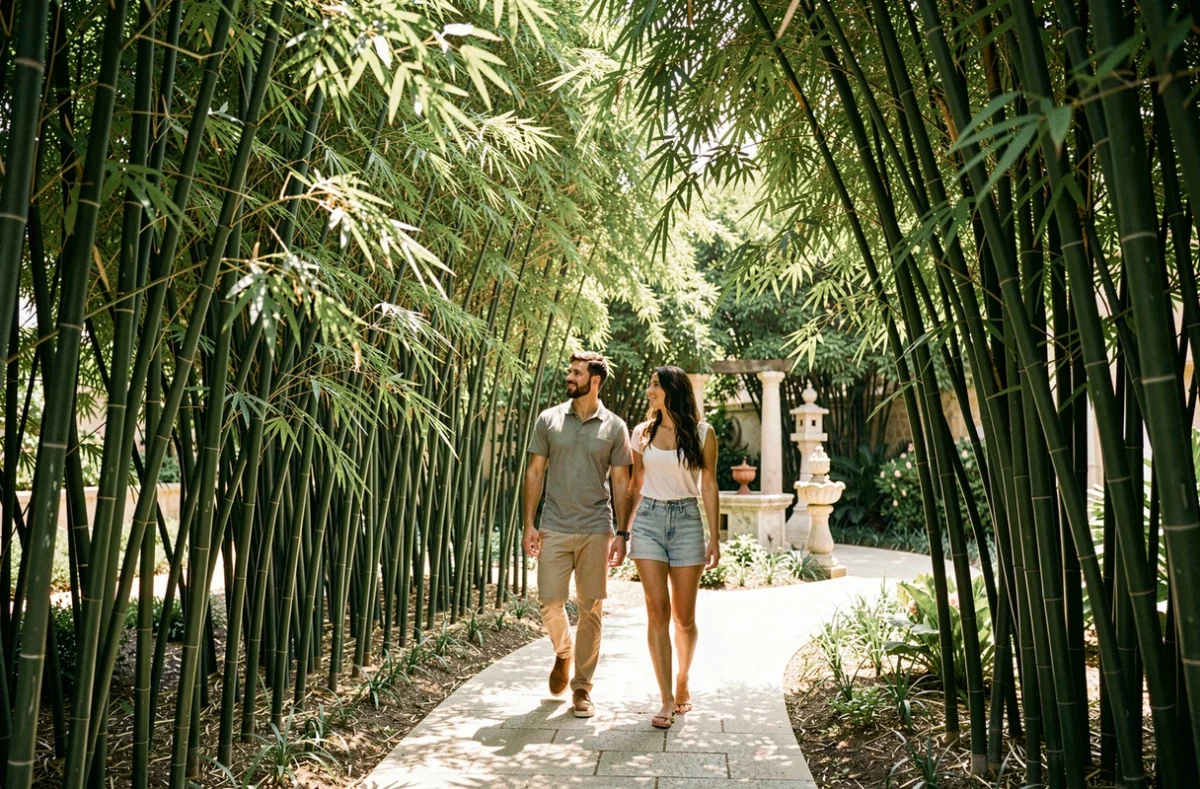 Allée ombragée de bambous à La Bambouseraie de La Mitre à Toulon avec un couple se promenant sur un chemin en pierre