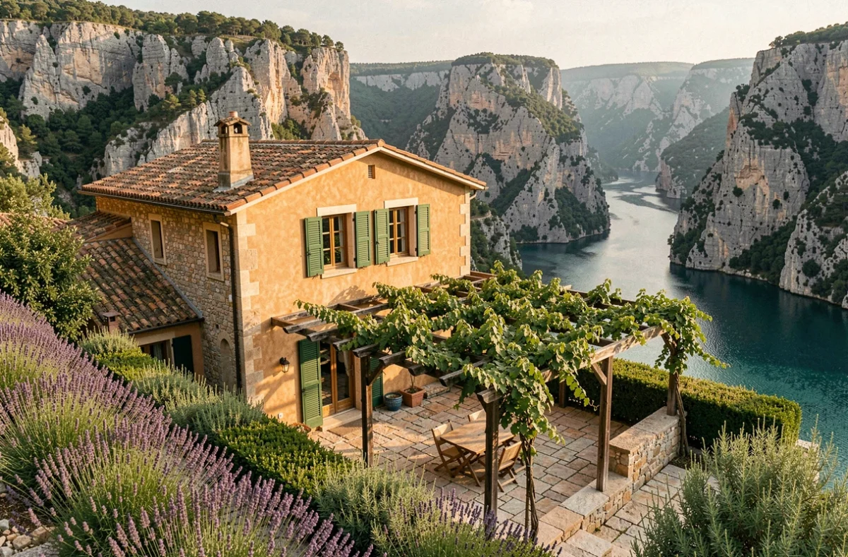 Bastide de Moustiers avec terrasse provençale et vue spectaculaire sur les falaises turquoise des Gorges du Verdon