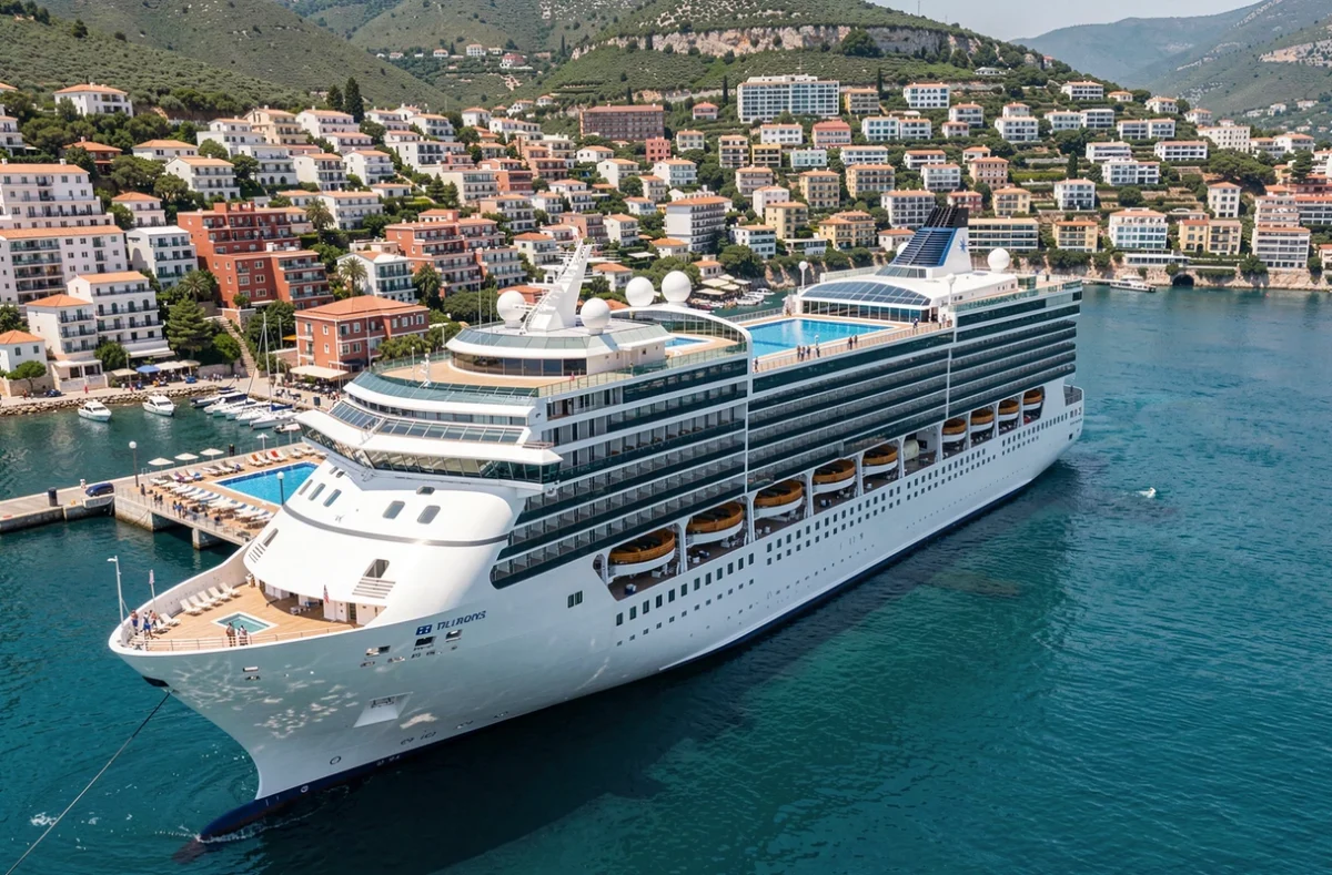 Grand bateau de croisière club amarré dans un port méditerranéen avec vue sur une ville côtière pittoresque