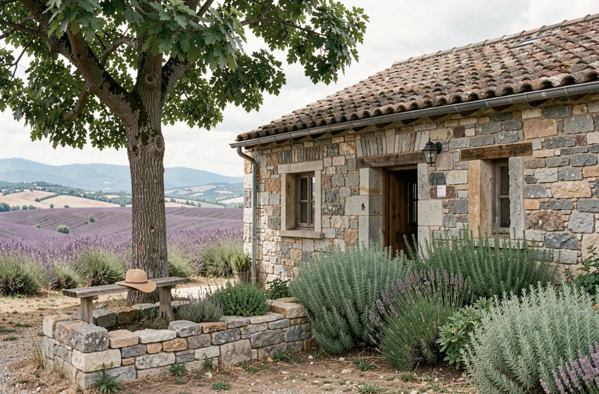 Bergerie de Forcalquier en Haute-Provence restaurée en gîte, entourée d'un jardin d'herbes aromatiques et du plateau de lavande