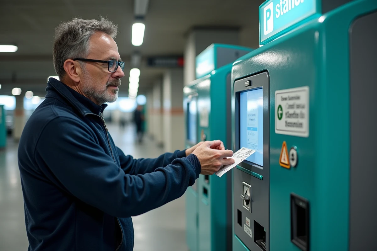 Automobiliste payant son stationnement à la borne du parking P5 de l'aéroport Toulouse-Blagnac