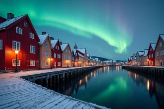 Le quartier historique de Bryggen à Bergen en hiver avec une aurore boréale verte et violette se reflétant dans le fjord