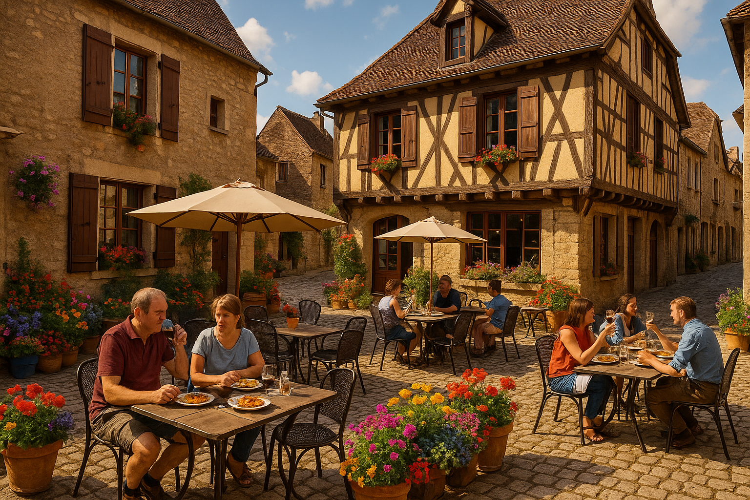 Café en plein air dans un village médiéval de Bourgogne