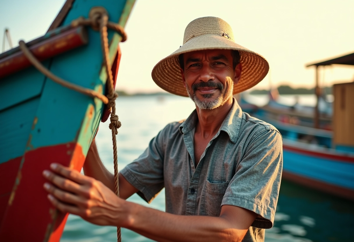 Capitaine local préparant son bateau coloré au matin