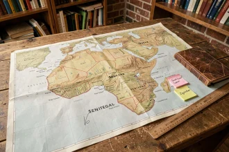 Carte imprimée de l'Afrique de l'Ouest sur un bureau en bois avec le Sénégal mis en évidence et des villes annotées à la main