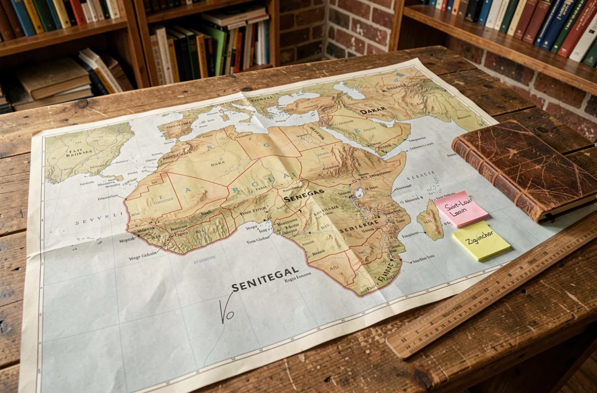 Carte imprimée de l'Afrique de l'Ouest sur un bureau en bois avec le Sénégal mis en évidence et des villes annotées à la main