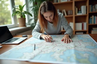 Femme consultant une carte haute résolution de l'Allemagne imprimée sur un bureau en bois