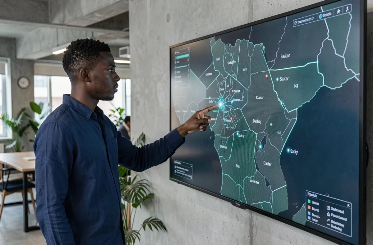 Homme sénégalais consultant une carte interactive numérique du Sénégal sur un écran tactile dans un espace de travail moderne