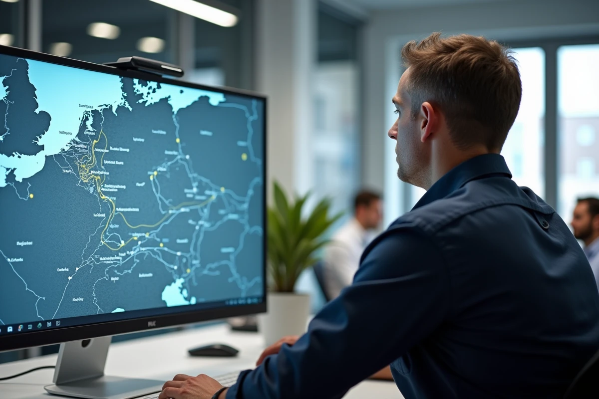 Homme visualisant une carte numérique haute résolution de l'Allemagne sur un écran d'ordinateur