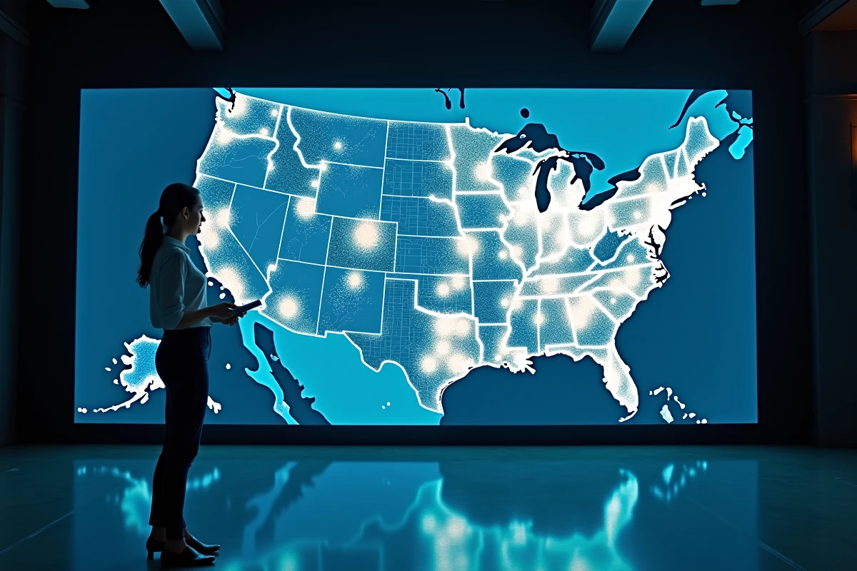 Analyste devant une carte numérique interactive des États-Unis affichant la répartition de la population par agglomération