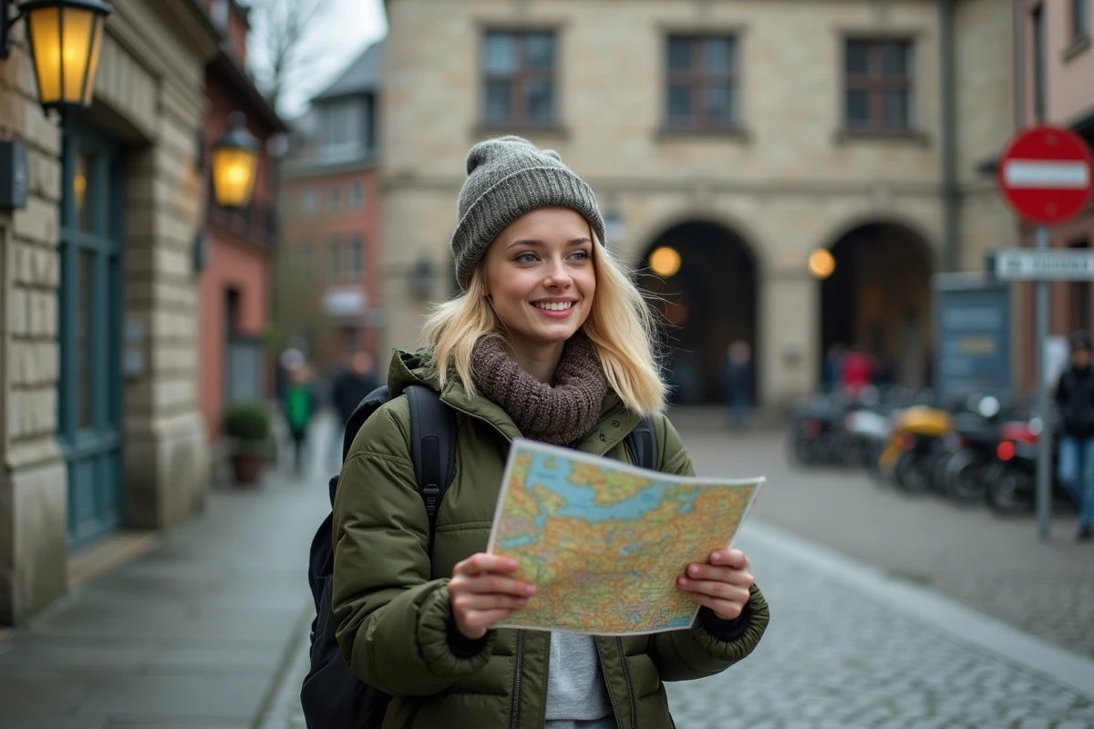 Jeune femme tenant une carte papier de l'Allemagne devant une gare en ville