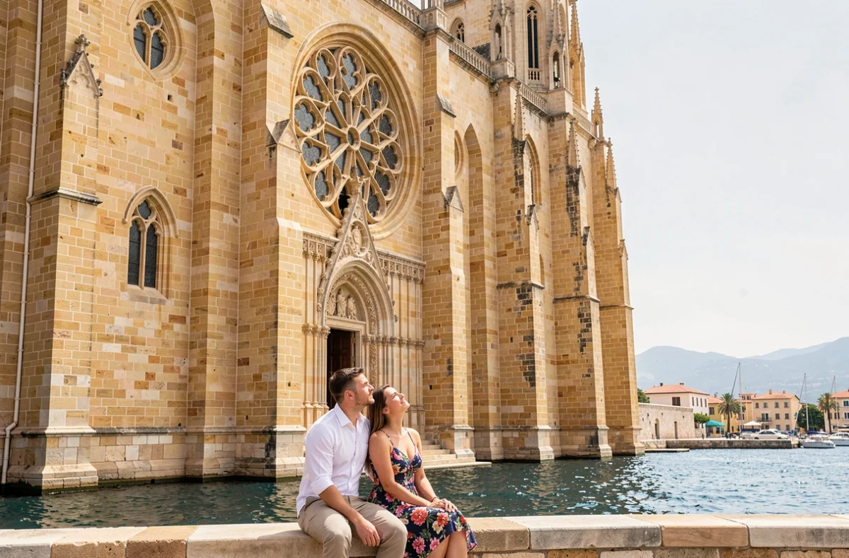 Couple admirant la cathédrale gothique de Palma de Majorque depuis le front de mer