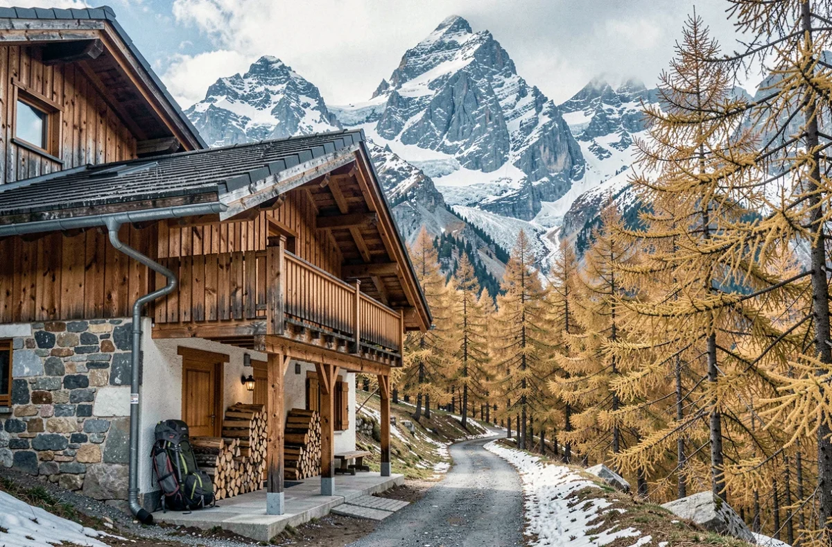 Chalet du Mercantour dans les Alpes-Maritimes avec façade en bois, sommets enneigés et sentier de randonnée en forêt de mélèzes