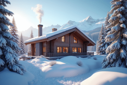 Chalet en bois avec cheminée fumante dans paysage enneige alpin