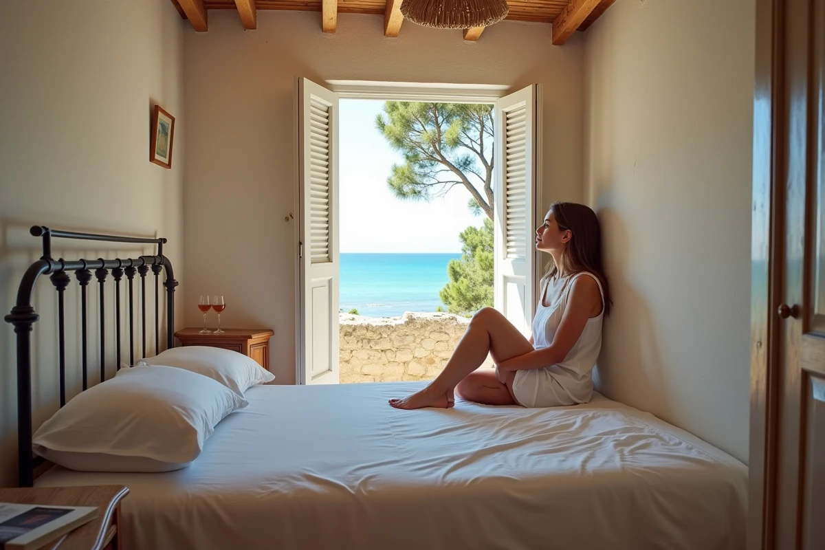 Chambre d'hôtel rustique avec vue sur la mer à Porquerolles, femme contemplant le paysage depuis son lit