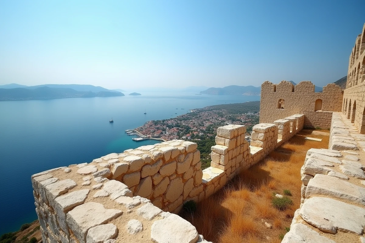 Vue panoramique depuis le château médiéval en ruines de Chalki avec le village d'Emporios et la mer Égée en contrebas