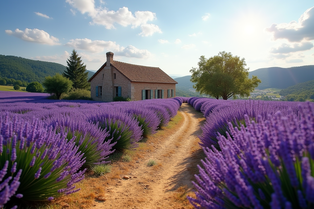 Sentier dans les champs de lavande en Provence sous un ciel d