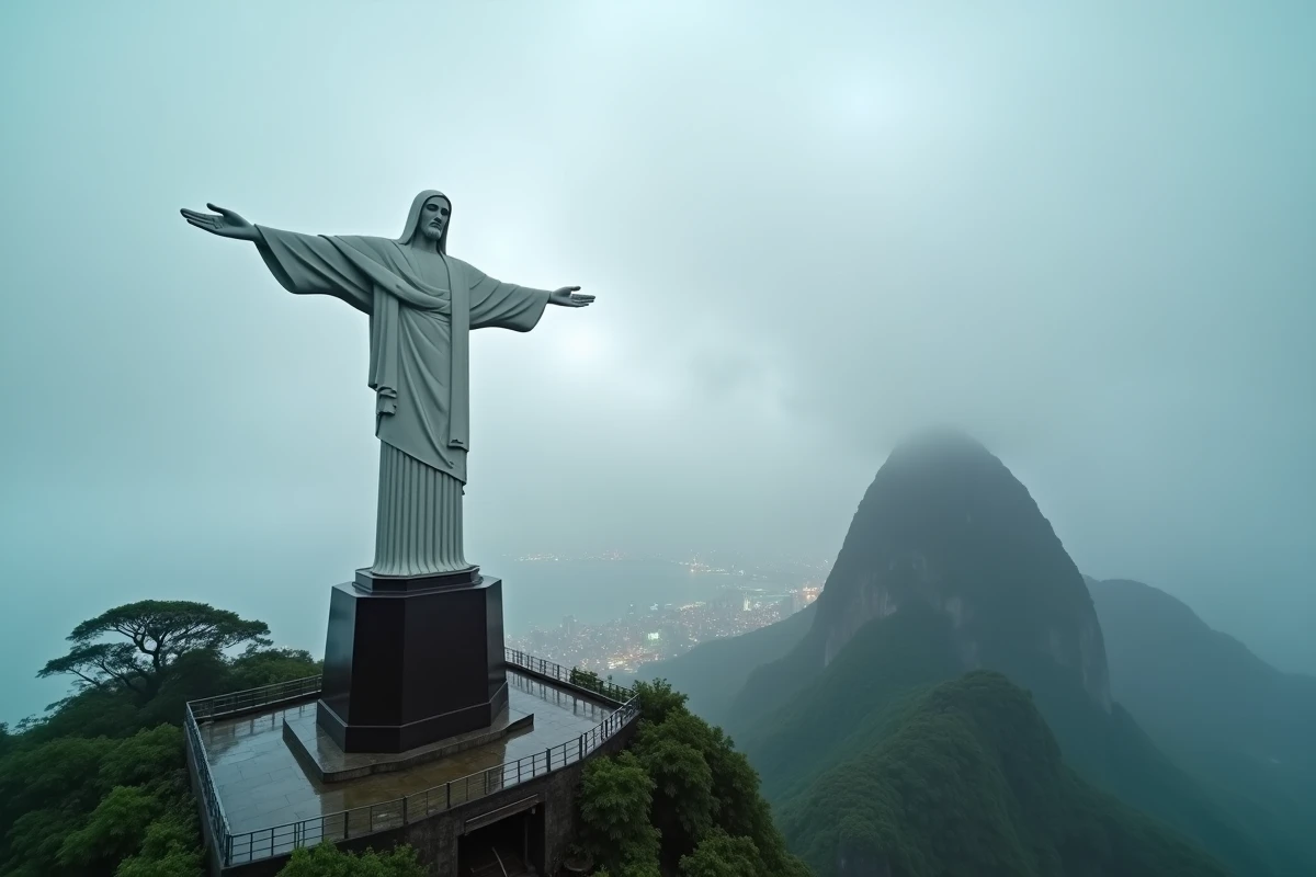 Statue du Christ Rédempteur au Corcovado enveloppée de brume et de pluie à Rio de Janeiro
