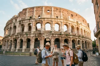 Vue grand angle du Colisée de Rome avec des touristes en été consultant une carte papier au premier plan