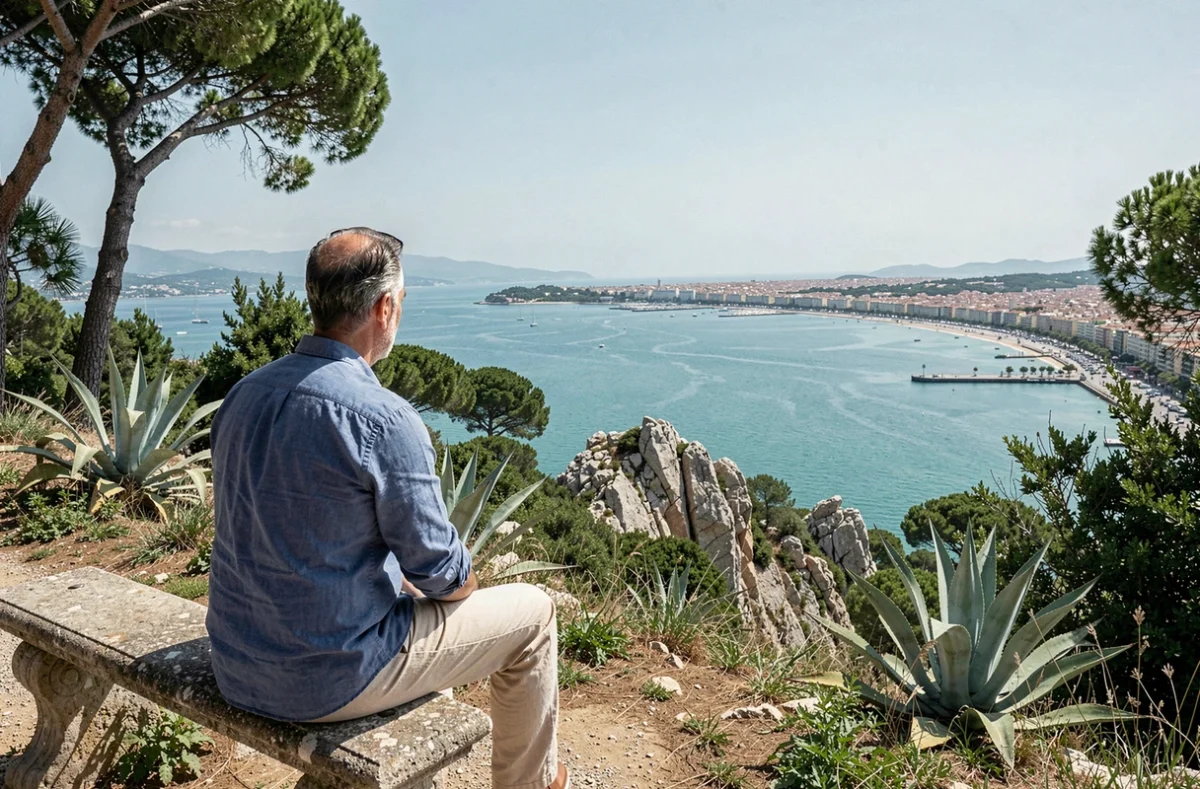 Homme contemplant la vue panoramique sur la Baie des Anges depuis la Colline du Château à Nice