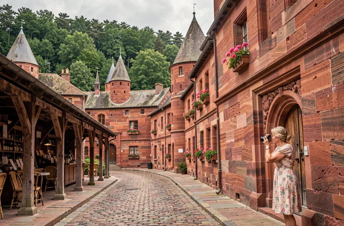 Les bâtisses en grès rouge caractéristiques de Collonges-la-Rouge en Corrèze entourées de végétation verte
