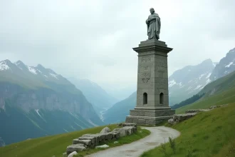 Colonne Joux et statue de Saint-Bernard au Col du Petit-Saint-Bernard avec vue sur les Alpes enneigées