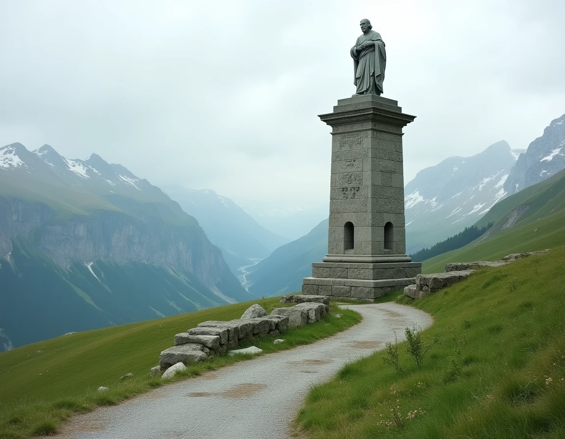 Colonne Joux et statue de Saint-Bernard au Col du Petit-Saint-Bernard avec vue sur les Alpes enneigées