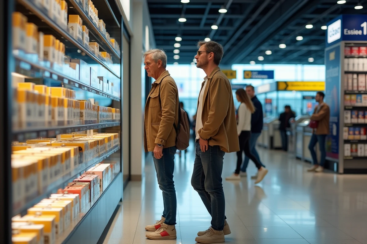 Couple comparant les prix de cartouches de cigarettes dans un duty-free d'aéroport espagnol