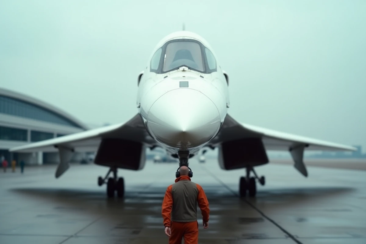 Concorde sur le tarmac de l'aéroport Charles de Gaulle avec cône avant abaissé et technicien au sol en combinaison orange