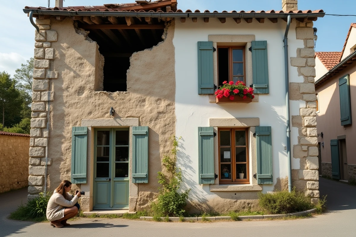 Bâtiment de village français montrant un contraste entre une partie en ruine et une partie restaurée avec volets neufs et géraniums