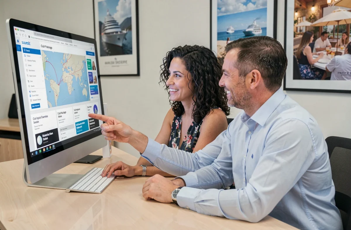 Couple en agence de voyage consultant des options de croisière club sur un écran d'ordinateur