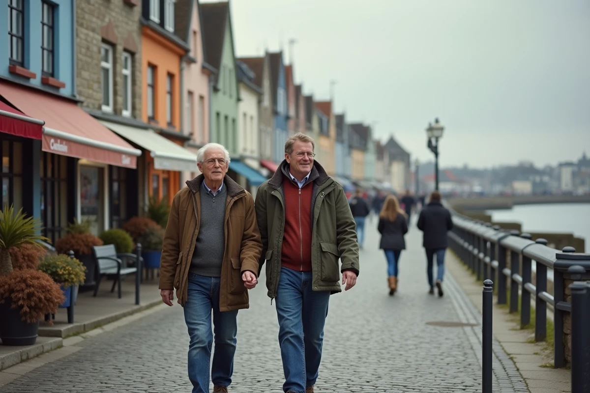 Couple se promenant dans le port de Honfleur