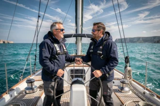 Couple à la barre d'un voilier de 45 pieds en Méditerranée lors d'une croisière à voile