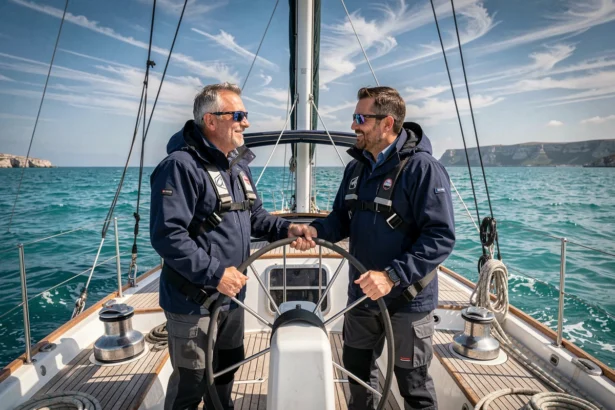 Couple à la barre d'un voilier de 45 pieds en Méditerranée lors d'une croisière à voile